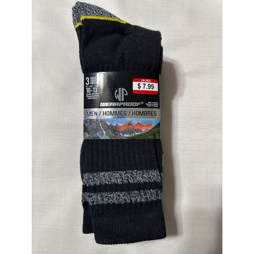 WEARPROOF Black Heather White Yellow Stripe Cotton Blend Work Socks 3 pack